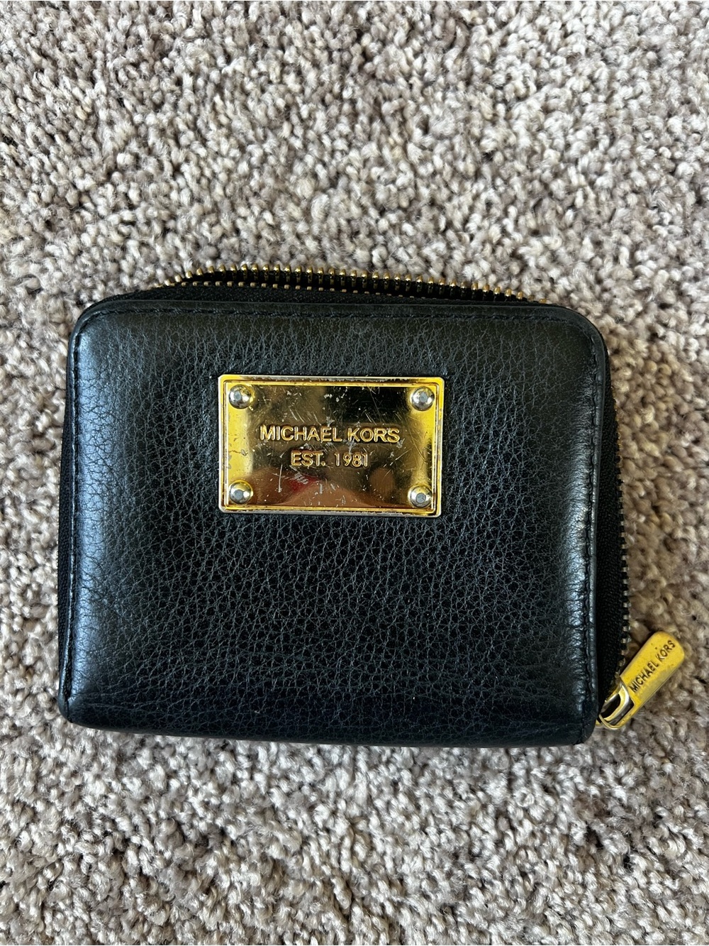 Michael Kors Black Leather Compact Zip Coin Wallet with Gold Plaque